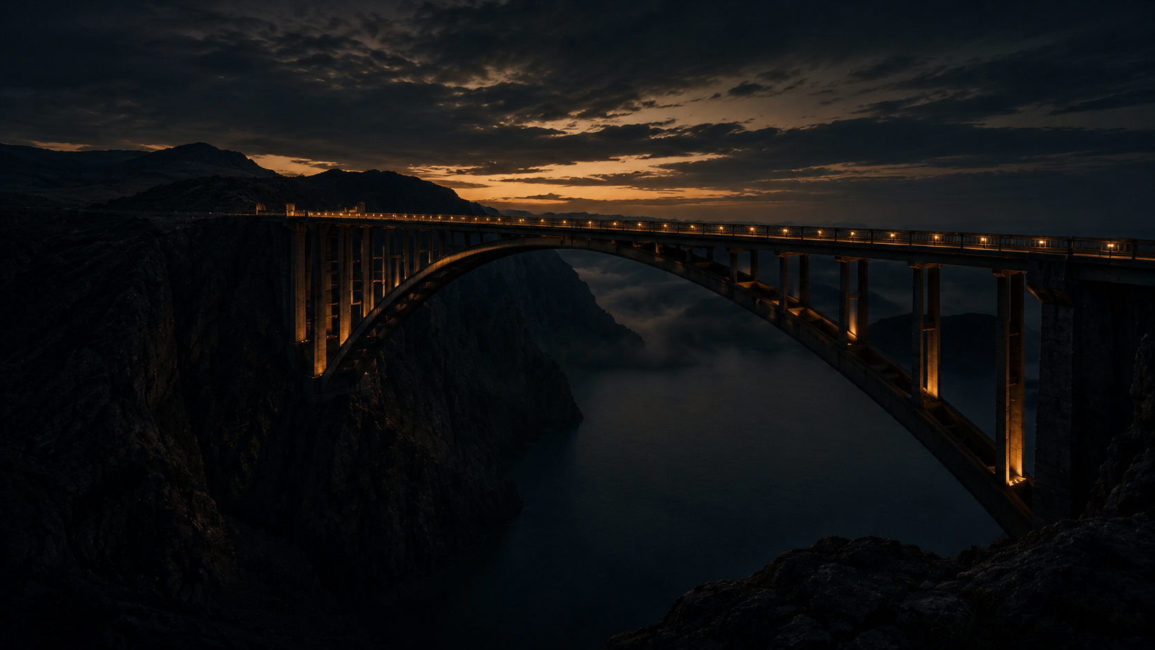 A lit bridge crossing a dark landscape