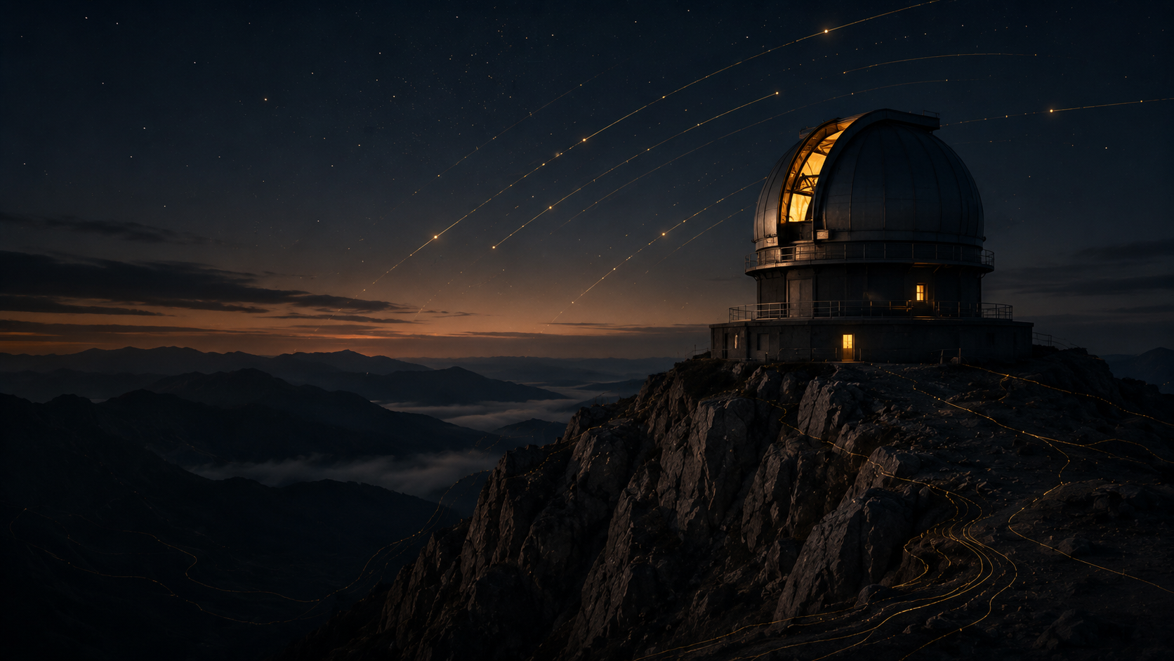 An observatory lit above a dark mountain landscape