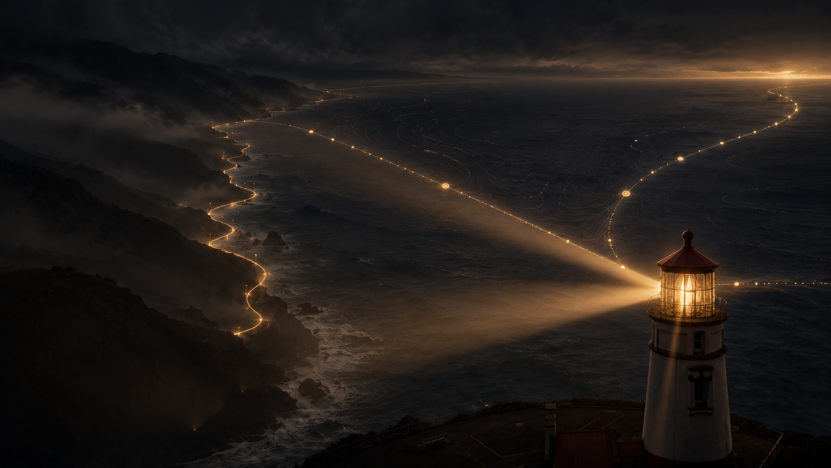 A lighthouse illuminating distinct routes across a dark coastline