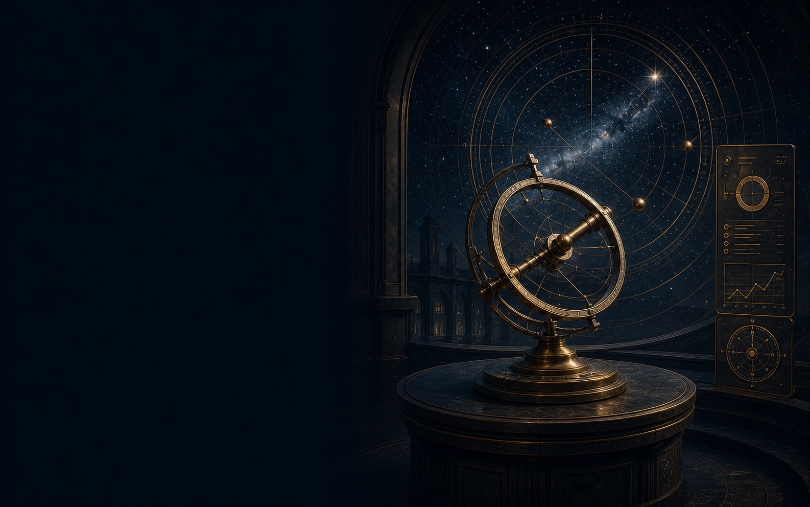 An antique brass armillary sphere set against a celestial observatory map