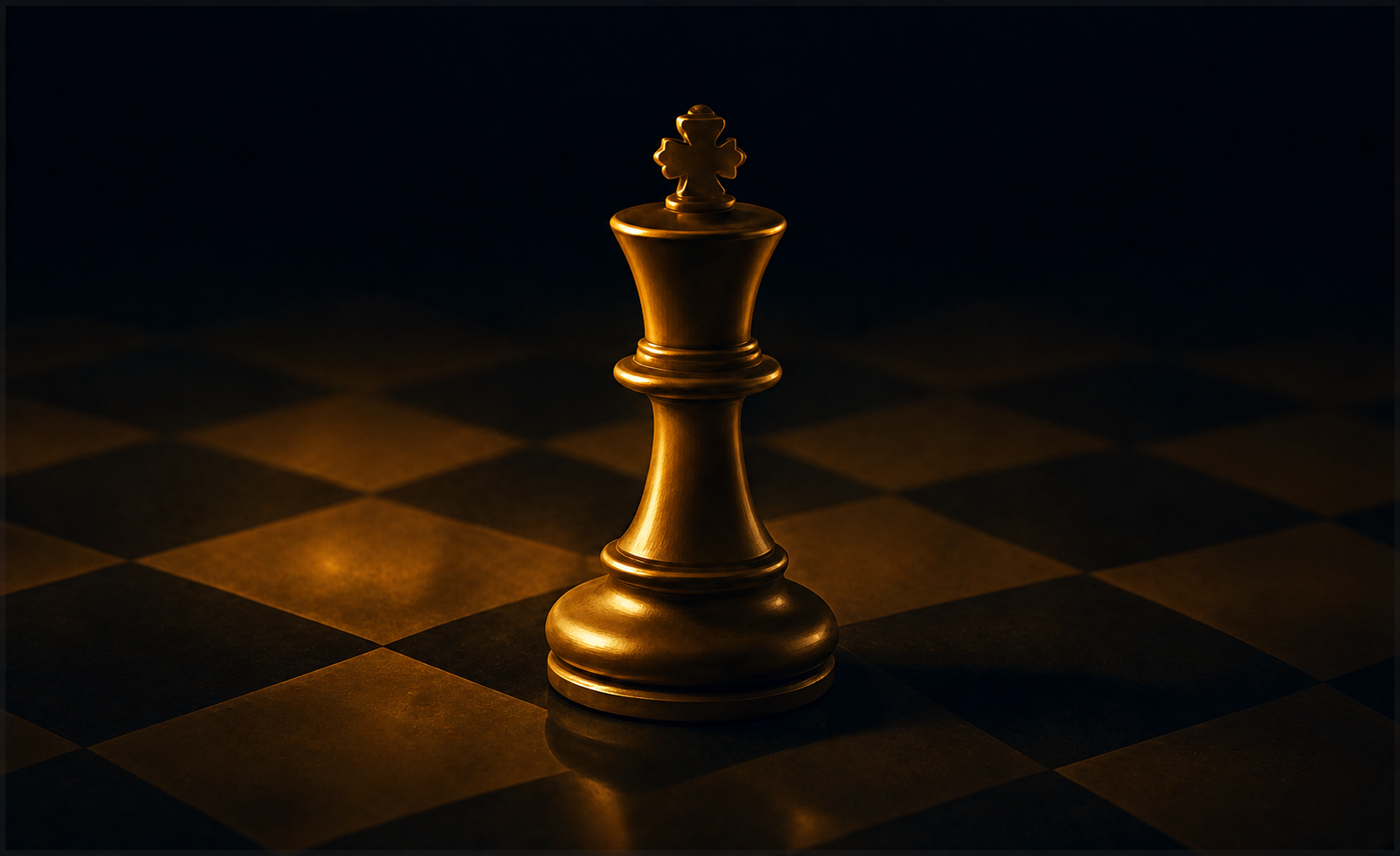 A single brass chess king on a dark board