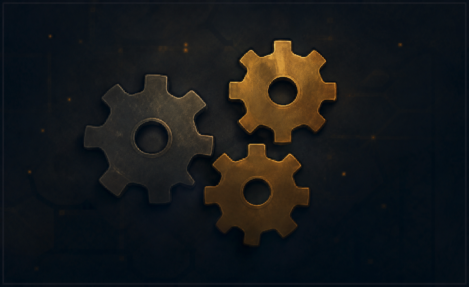 Three brass gears against a dark blue field