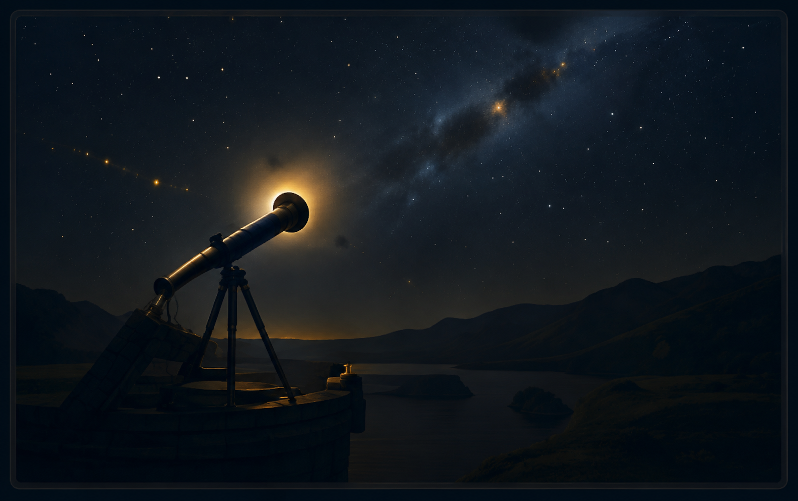 A telescope aimed into a star-filled night sky
