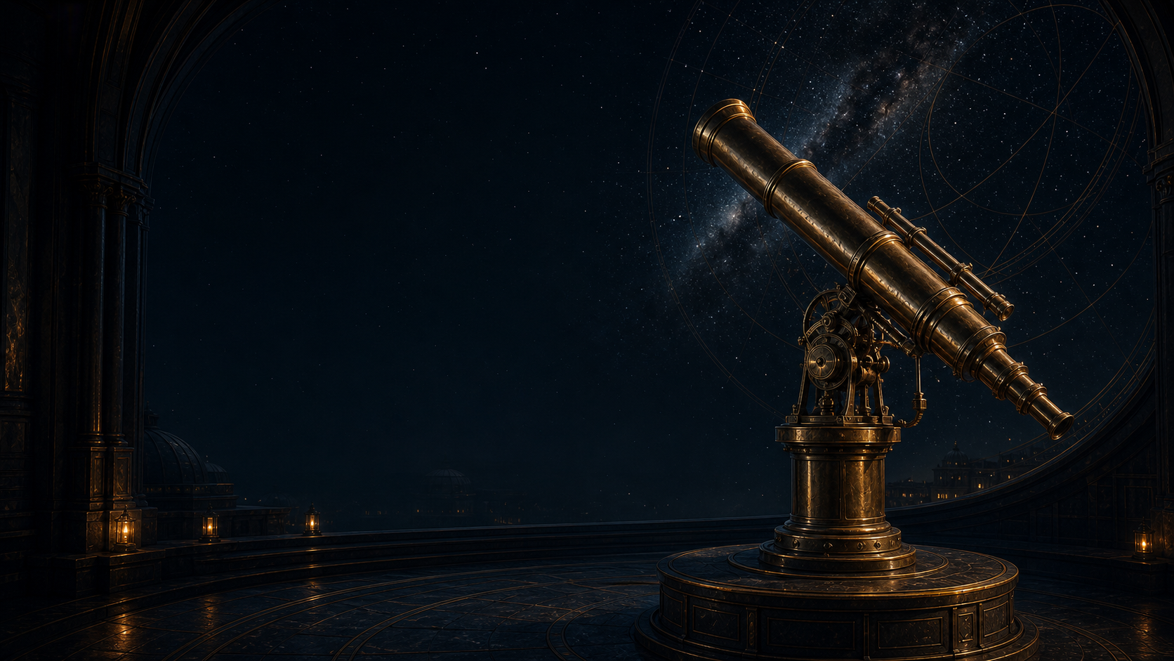 An antique brass telescope beneath a star-filled observatory sky