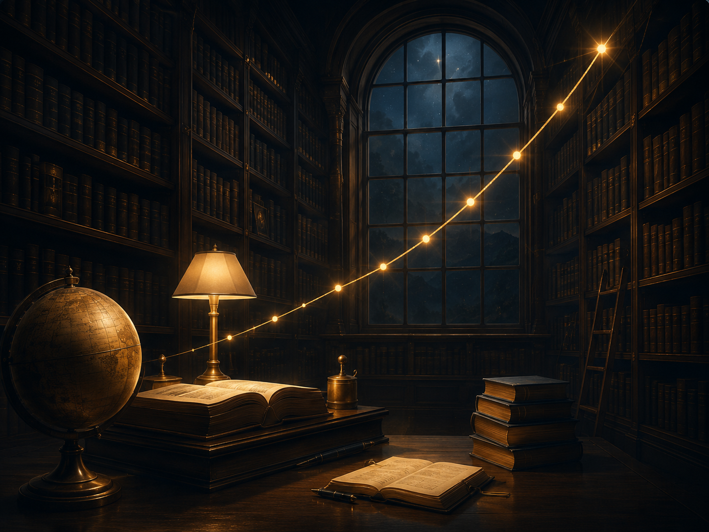 A warmly lit research library where a rising signal line compounds across the room